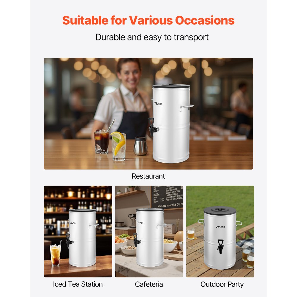 VEVOR Ice Tea Dispenser 4 Gal/15L for Iced Tea Juice Coffee 304 Stainless Steel