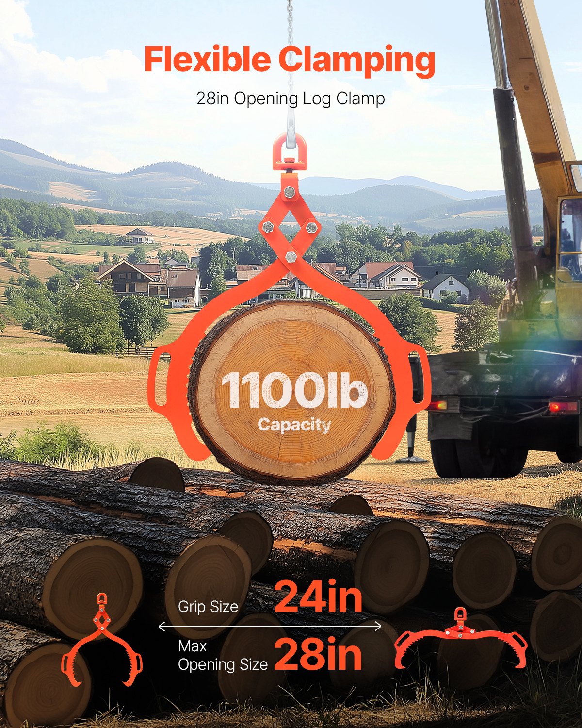 VEVOR 28in Log Lifting Tongs 2 Claw Solid Steel Log Grapple Swivel Log Lifter