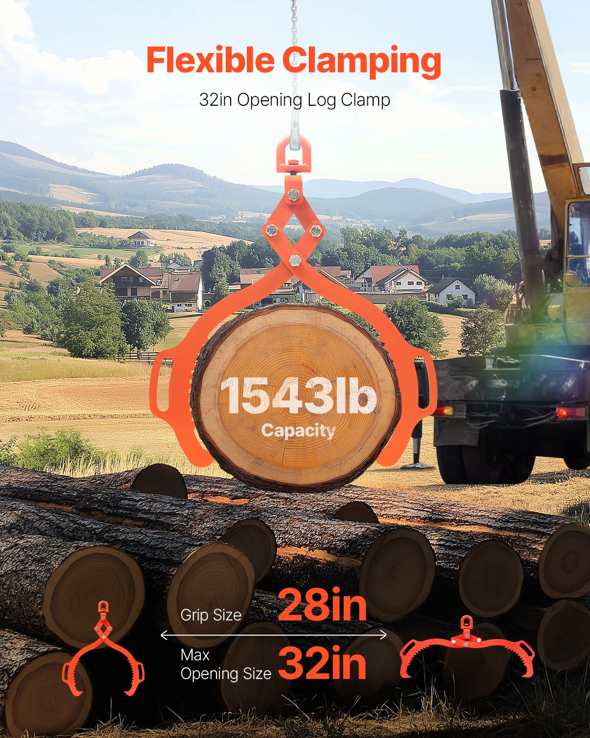 VEVOR 32in Log Lifting Tongs 2 Claw Solid Steel Log Grapple Swivel Log Tools