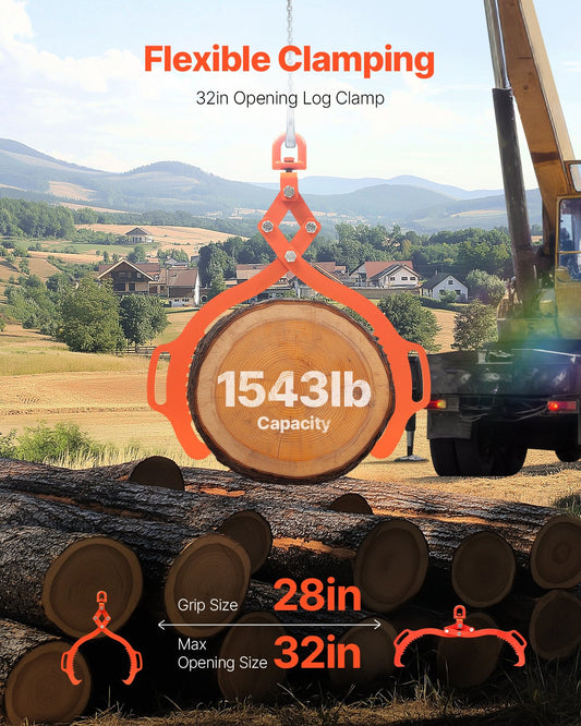 VEVOR 32in Log Lifting Tongs 2 Claw Solid Steel Log Grapple Swivel Log Tools