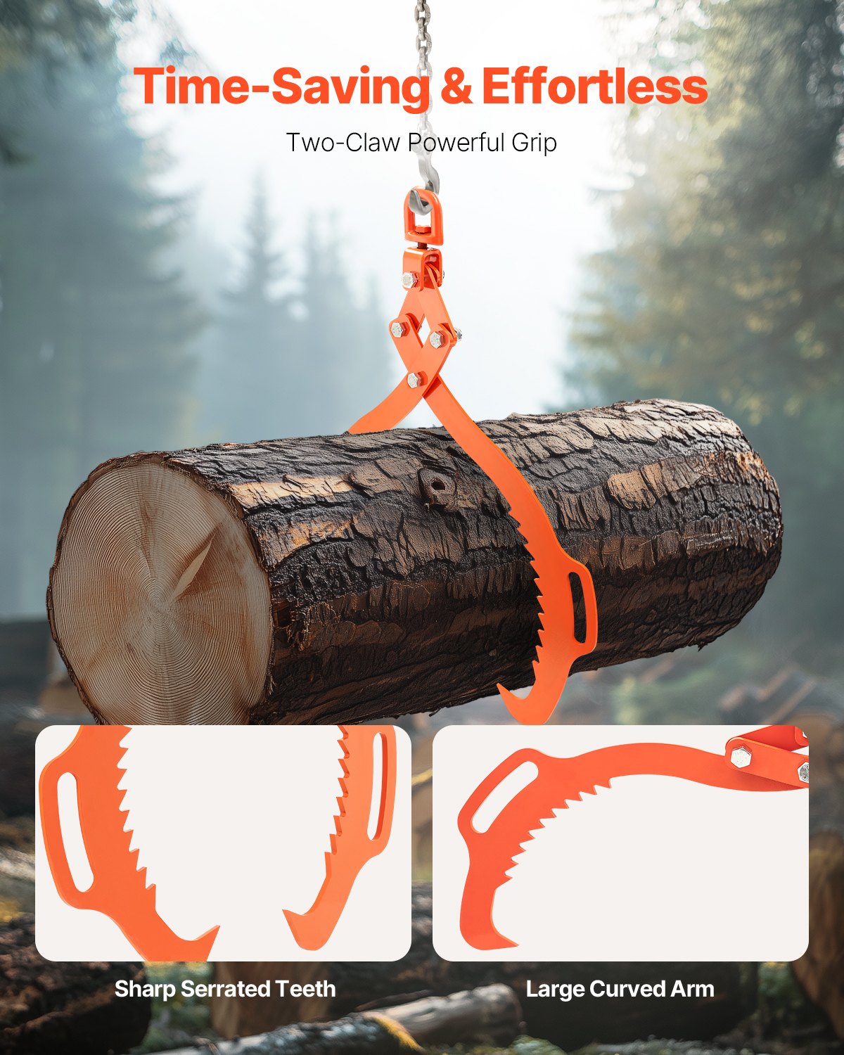 VEVOR 32in Log Lifting Tongs 2 Claw Solid Steel Log Grapple Swivel Log Tools