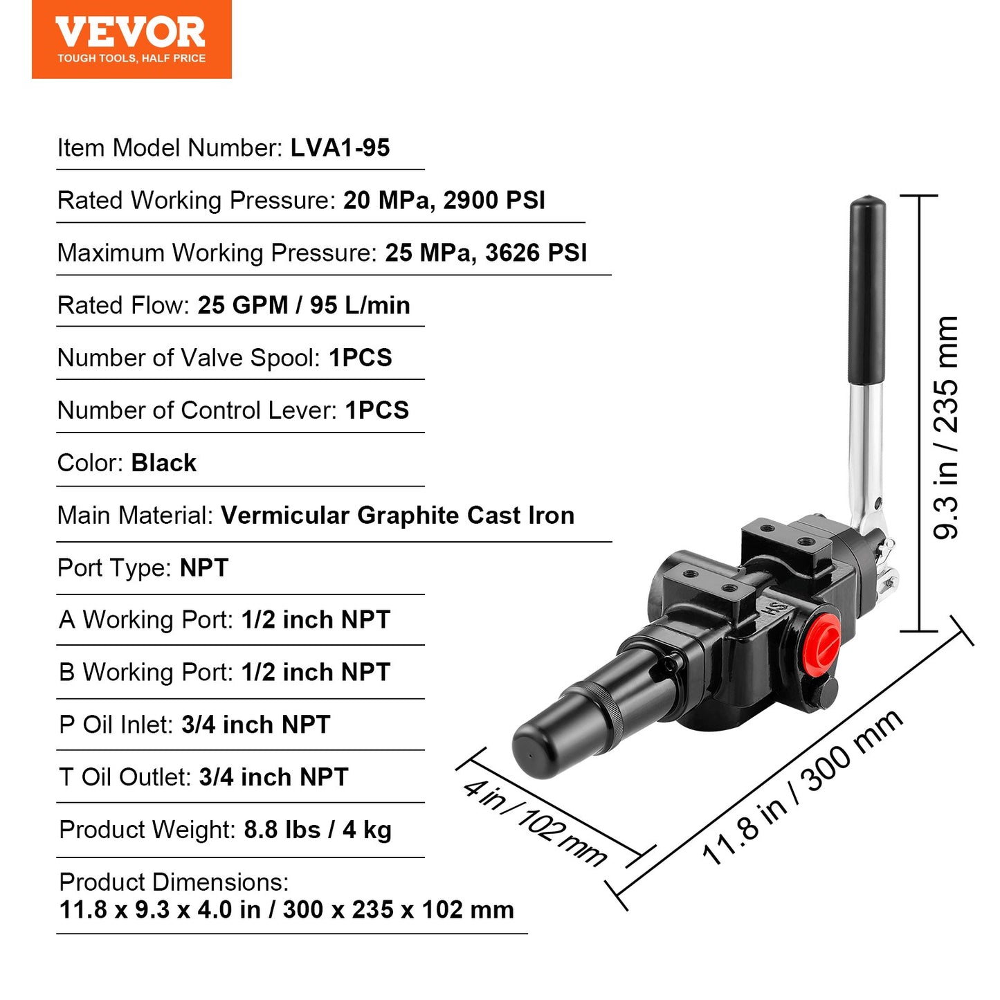 VEVOR Hydraulic Valve 1 Spool 25GPM Hydraulic Directional Control Valve 3626 PSI