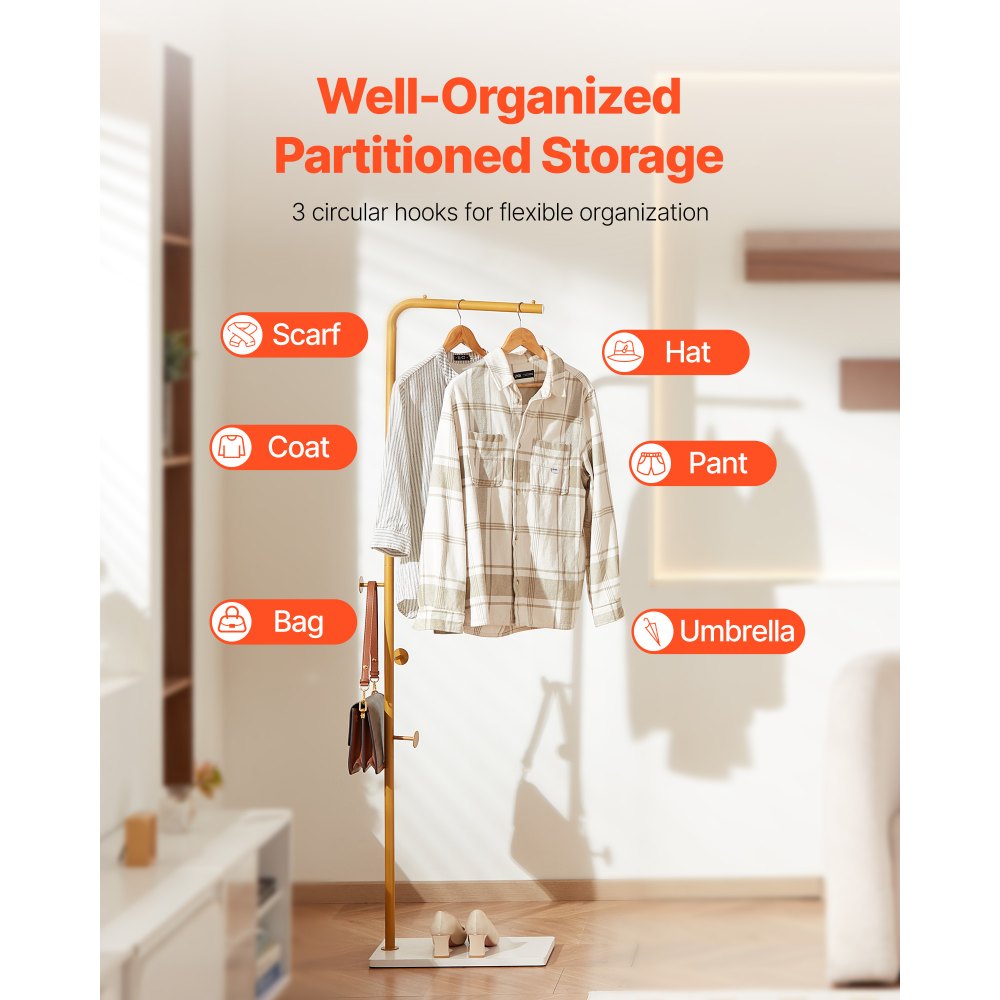 Coat Rack Freestanding Coats Rack with Quartz Stone Base & 3 Round Hooks