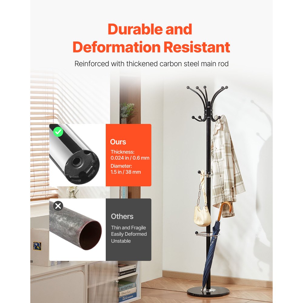 Freestanding Coat Rack Stable Marble Base with Umbrella Holder & 14 Hooks