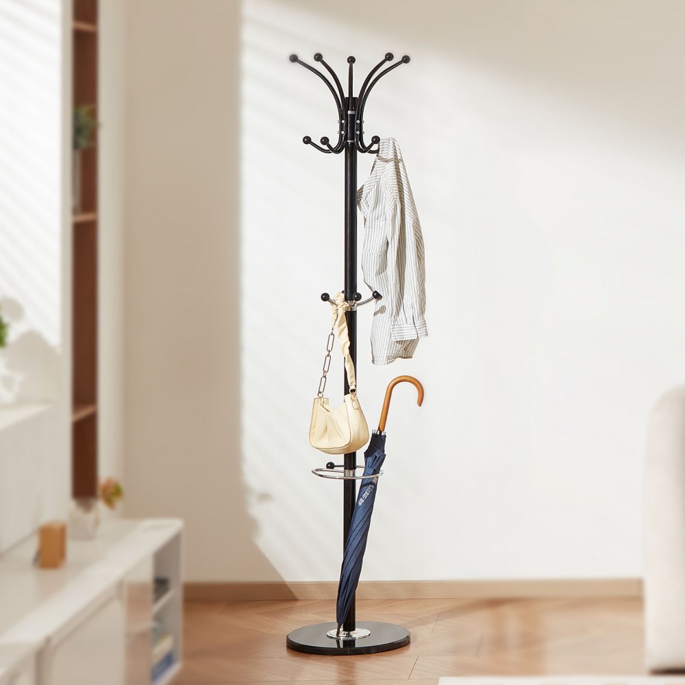 Freestanding Coat Rack Stable Marble Base with Umbrella Holder & 14 Hooks