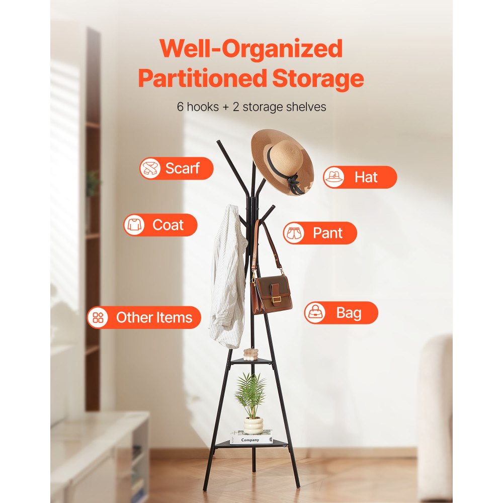 Coat Rack Freestanding Coats Rack Stand with 2 Shelves & 6 Hooks