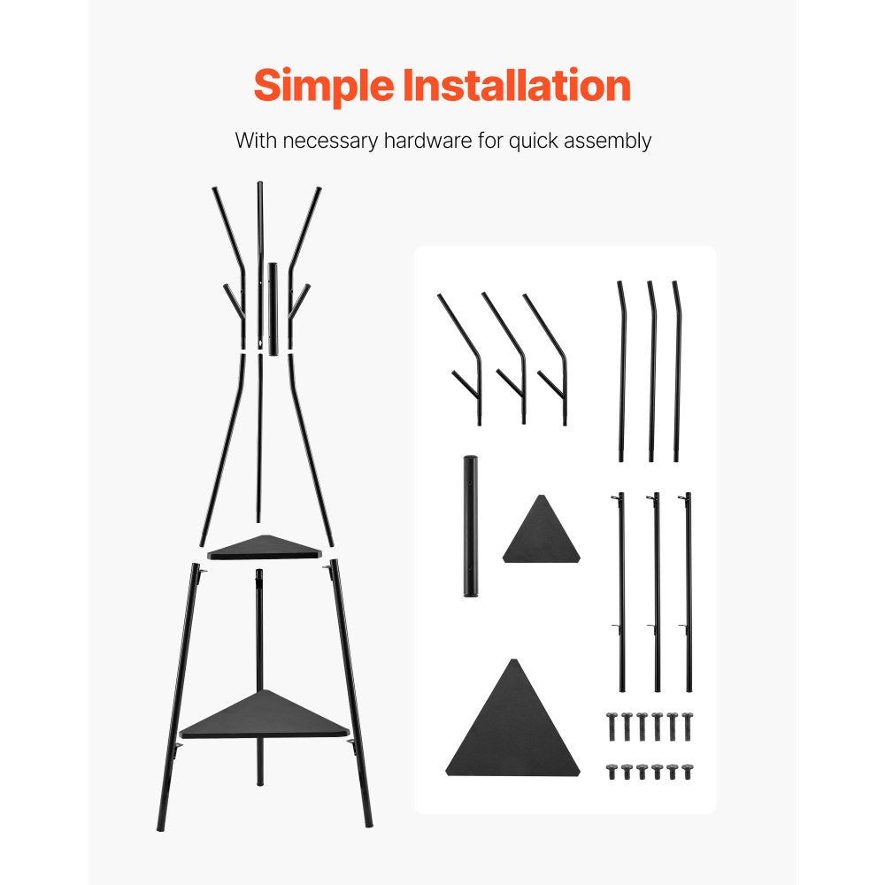 Coat Rack Freestanding Coats Rack Stand with 2 Shelves & 6 Hooks