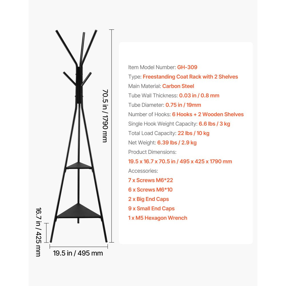 Coat Rack Freestanding Coats Rack Stand with 2 Shelves & 6 Hooks