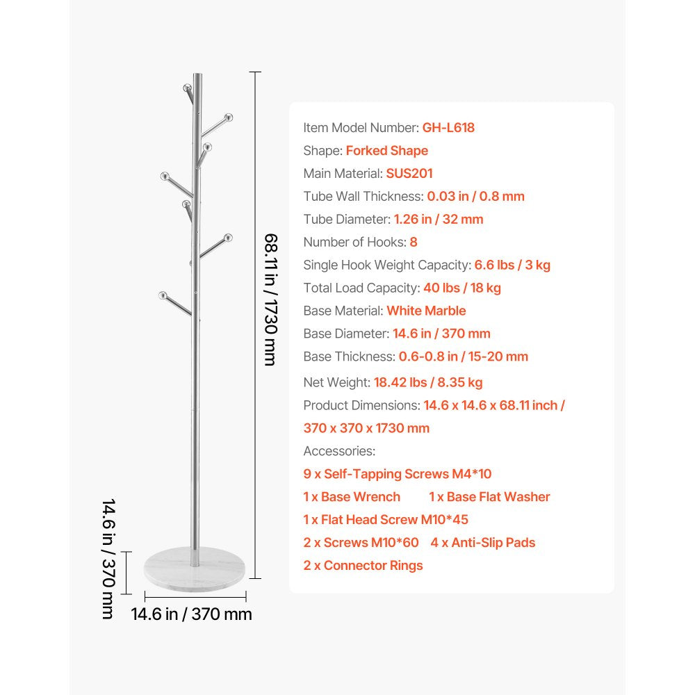 Coat Rack Freestanding Coats Rack Stand with Stable Marble Base & 8 Hooks