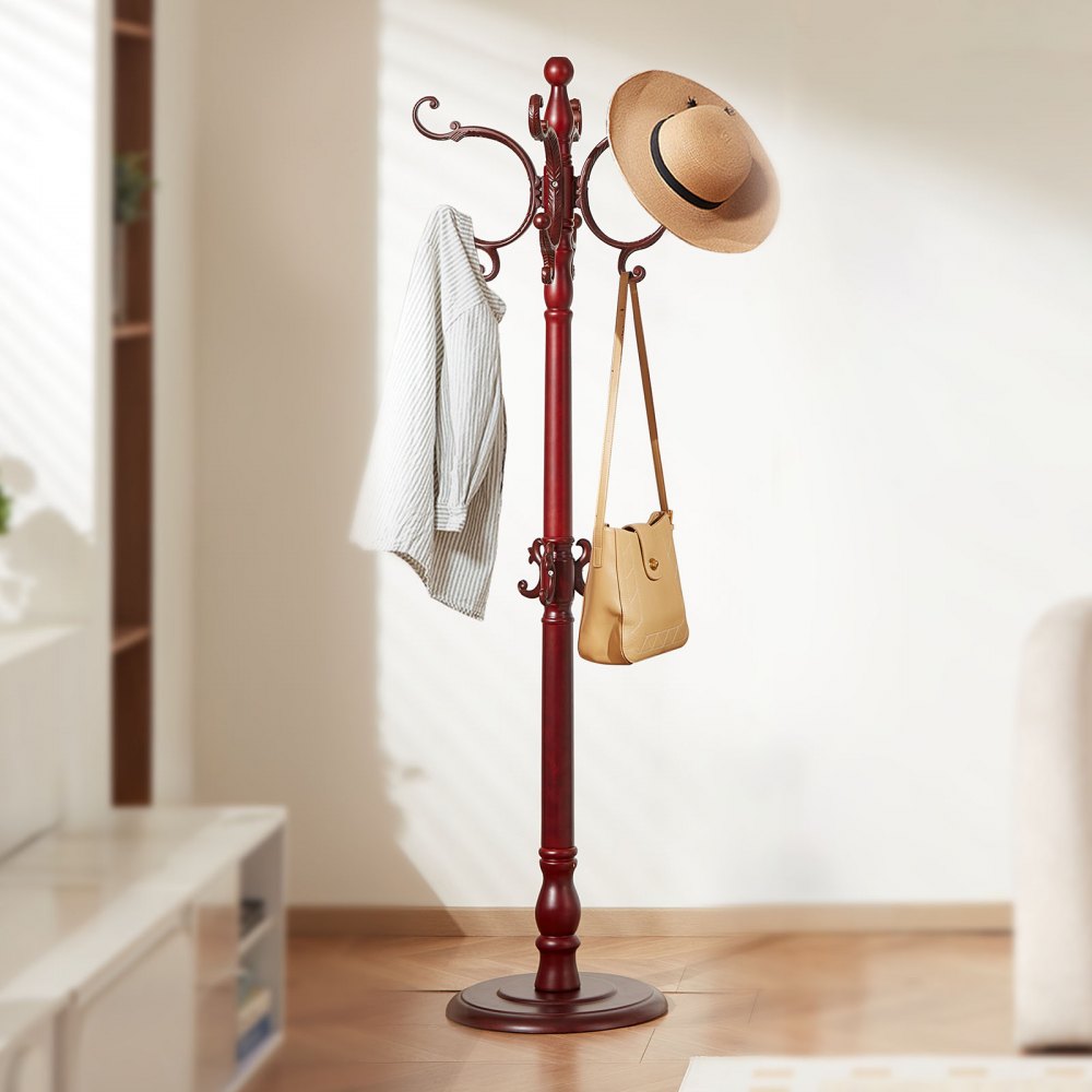 Freestanding Coat Rack Wooden Coat Tree with Stable Large Base & 11 Hooks