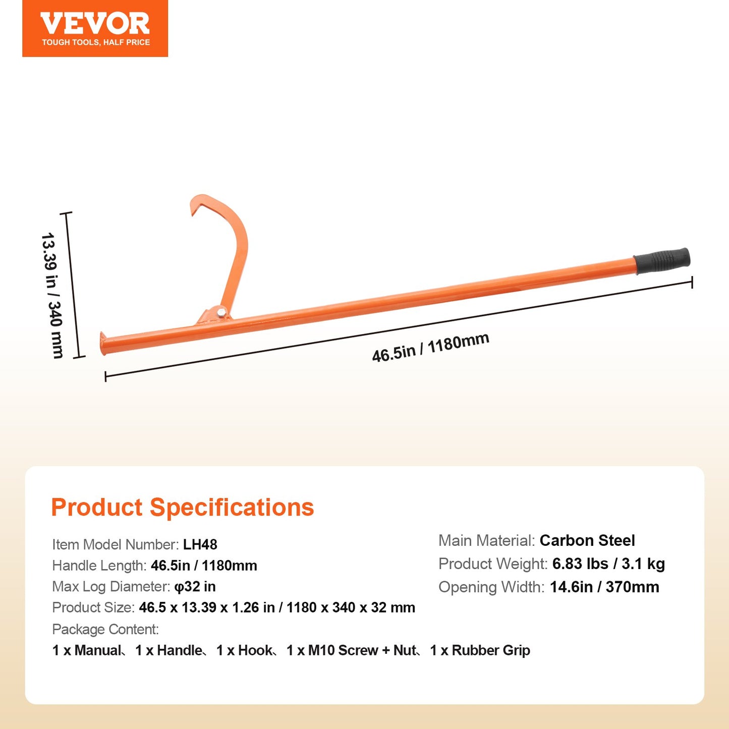 VEVOR Cant Hook Tool 46.5 in Heavy Duty Steel Log Roller Forestry Logging Tools