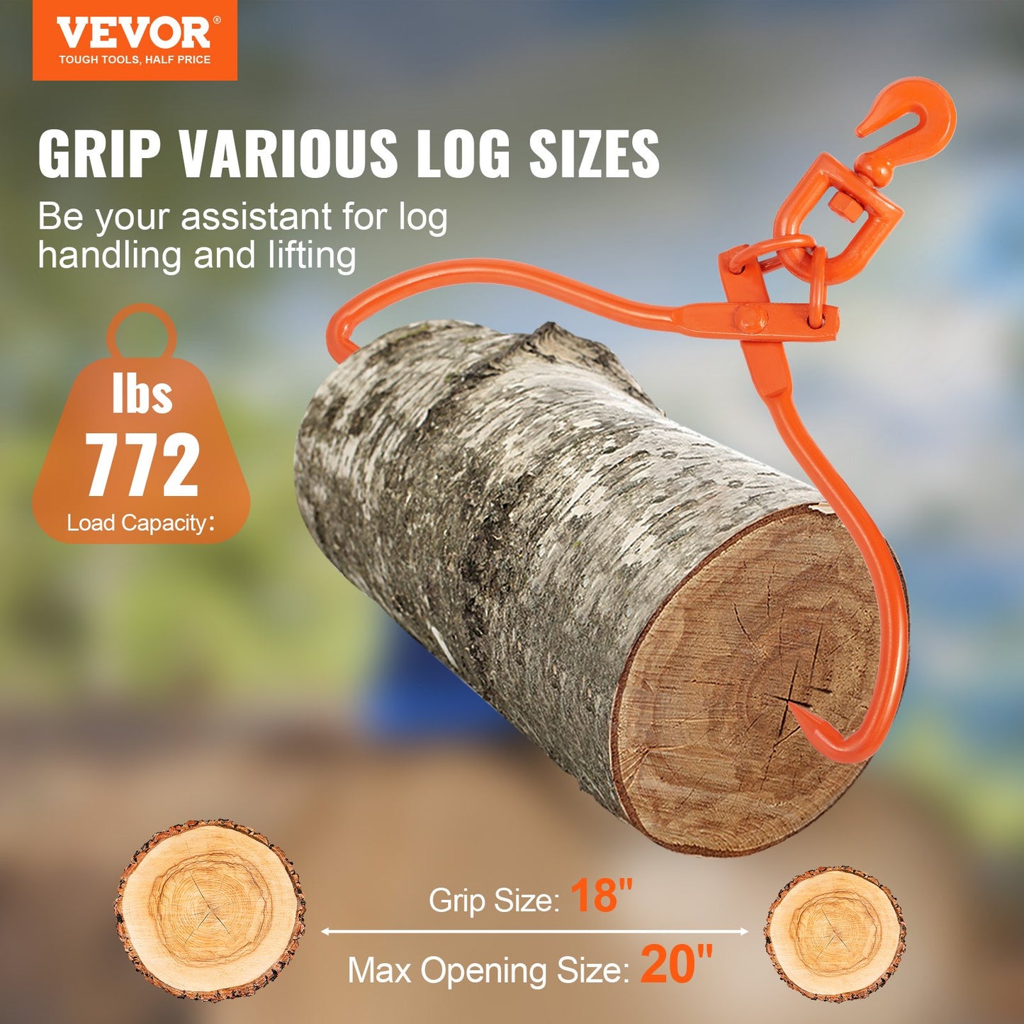 VEVOR Log Skidding Tongs, 45.7cm 2 Claw Log Lifting Tongs, Heavy Duty Rotating Steel