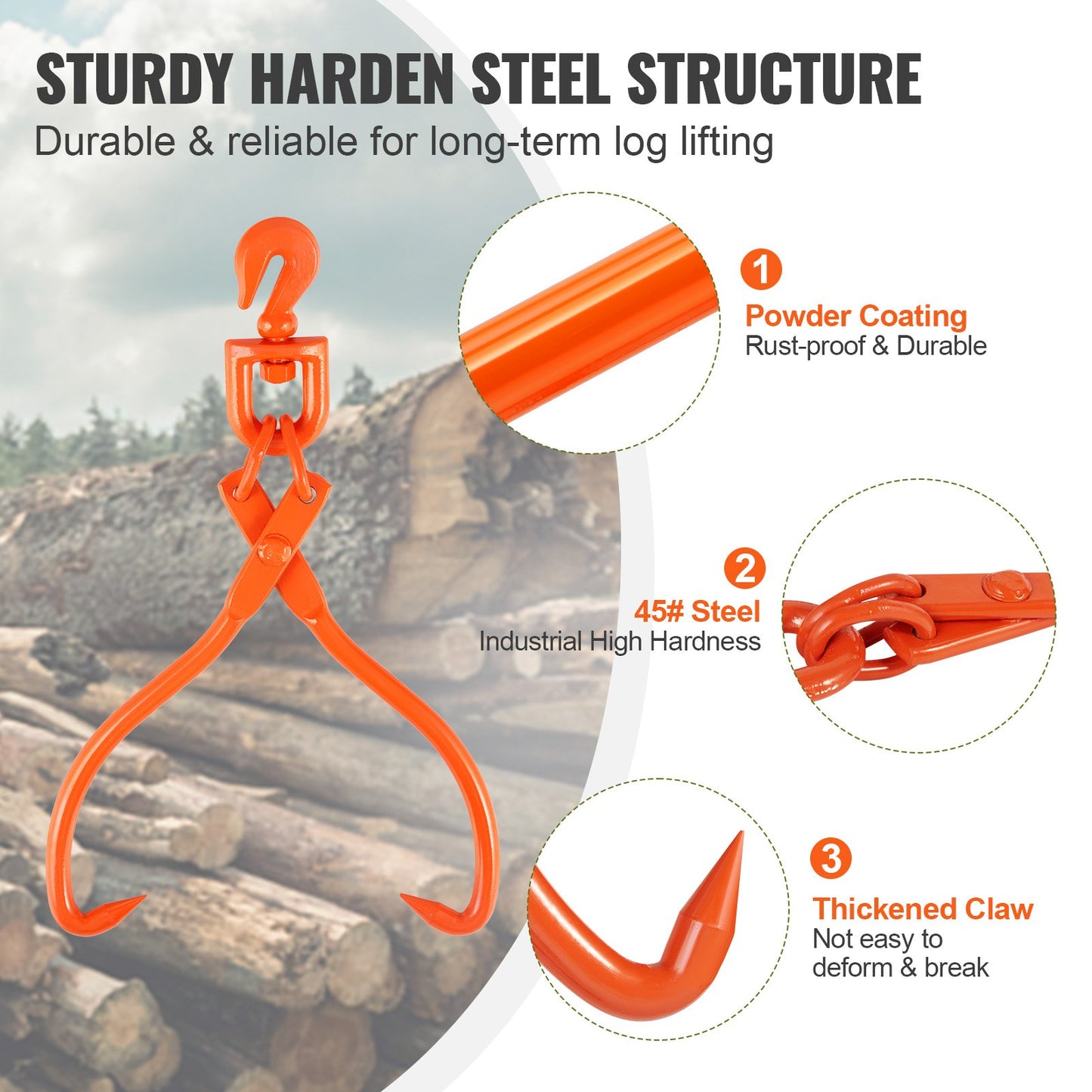 VEVOR Log Skidding Tongs, 45.7cm 2 Claw Log Lifting Tongs, Heavy Duty Rotating Steel