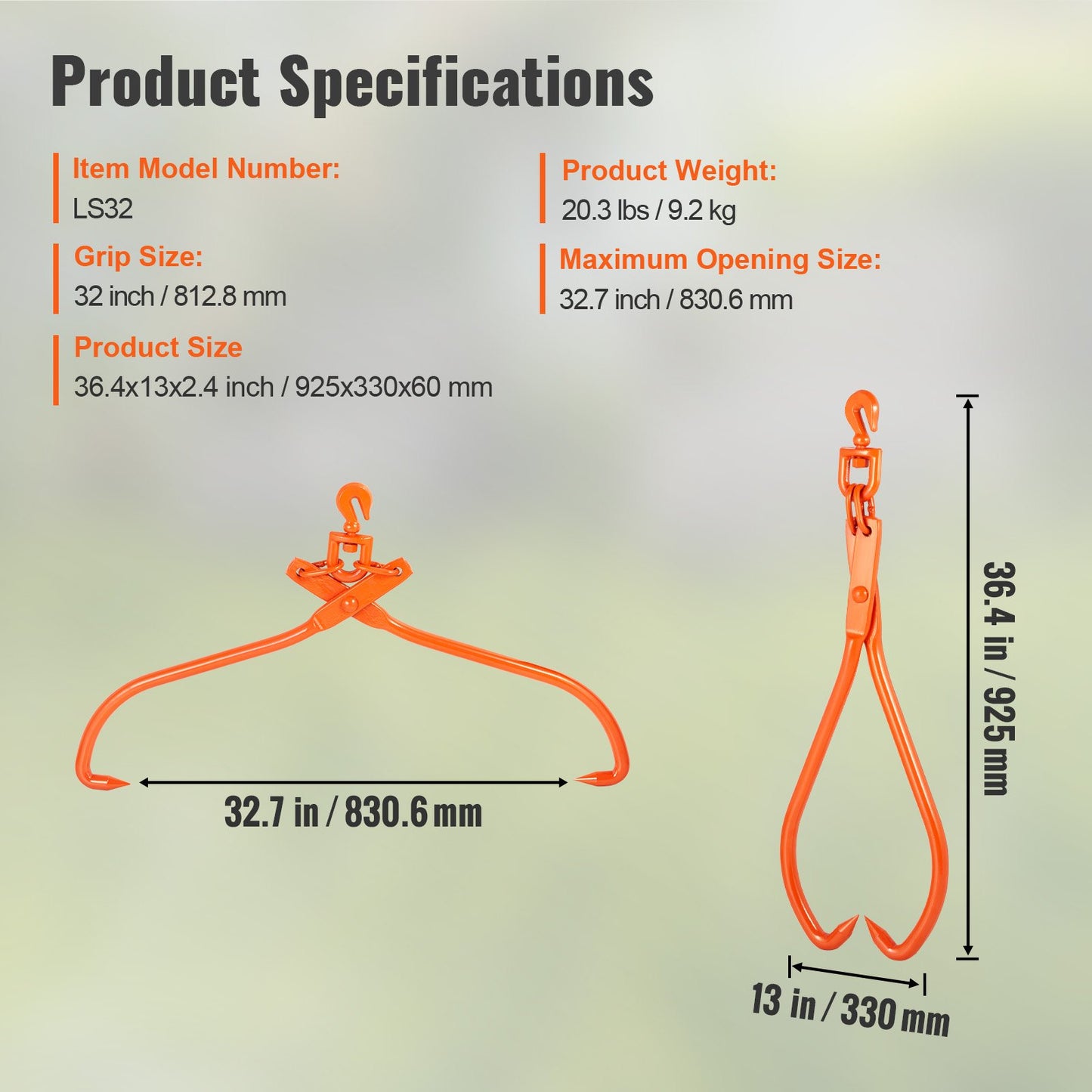 VEVOR Log Skidding Tongs, 81.3cm 2 Claw Log Lifting Tongs, Heavy Duty Rotating Steel