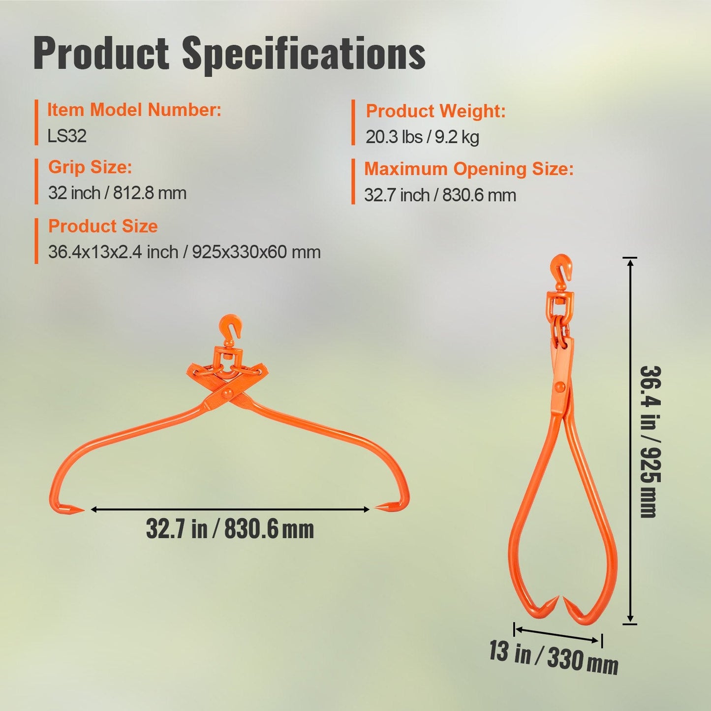 Heavy Duty 81.3cm Steel Log Skidding Tongs, 700kg Capacity, Rotating Claws