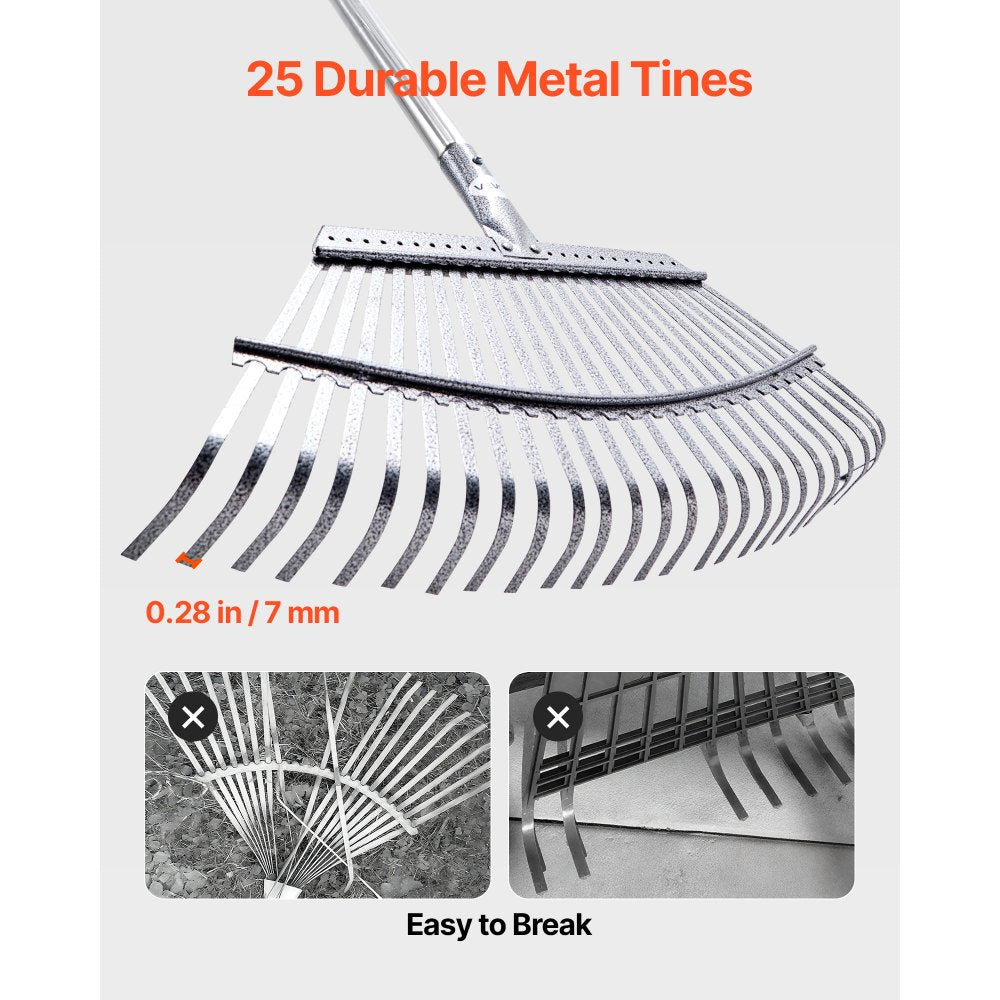 Leaf Rake Steel Garden Rake 25-Tine 92.5-185 cm Adjustable Long Handle