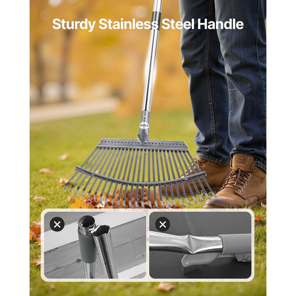 Leaf Rake Steel Garden Rake 25-Tine 92.5-185 cm Adjustable Long Handle