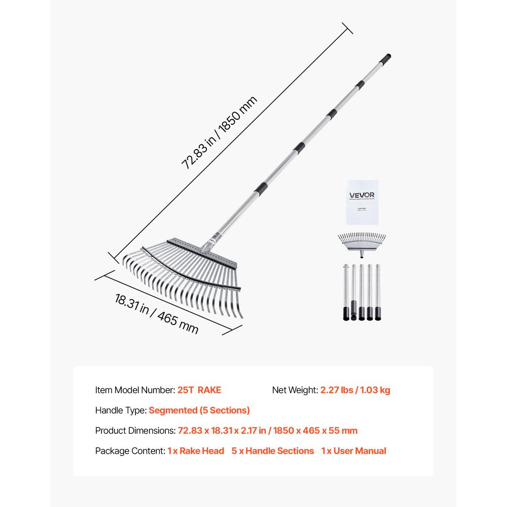 Leaf Rake Steel Garden Rake 25-Tine 92.5-185 cm Adjustable Long Handle