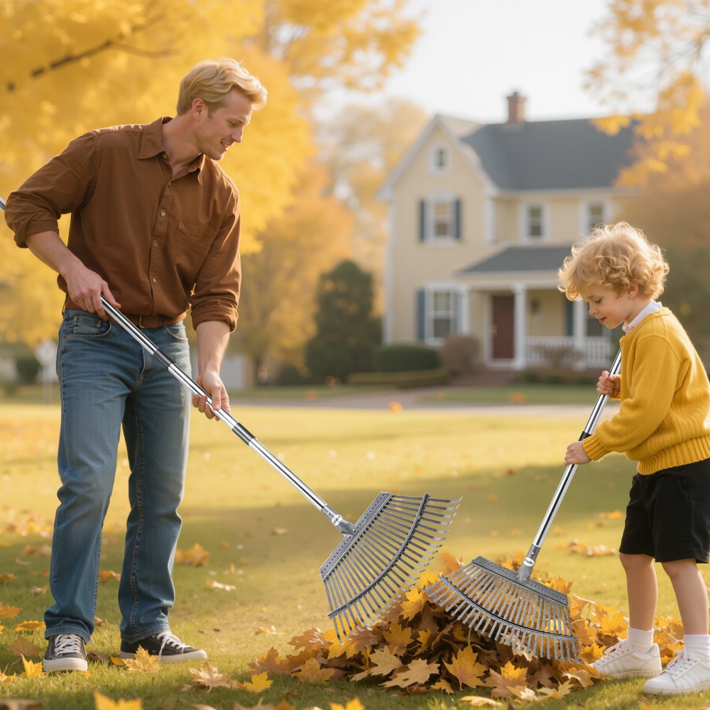 Leaf Rake Steel Garden Rake 25-Tine 92.5-185 cm Adjustable Long Handle