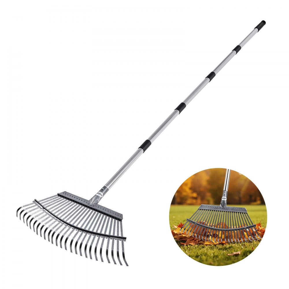 Leaf Rake Steel Garden Rake 25-Tine 92.5-185 cm Adjustable Long Handle
