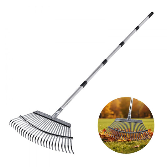 Leaf Rake Steel Garden Rake 25-Tine 92.5-185 cm Adjustable Long Handle
