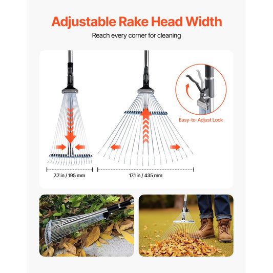 Leaf Rake Steel Garden Rake 18-Tine with 82-141 cm Adjustable Long Handle