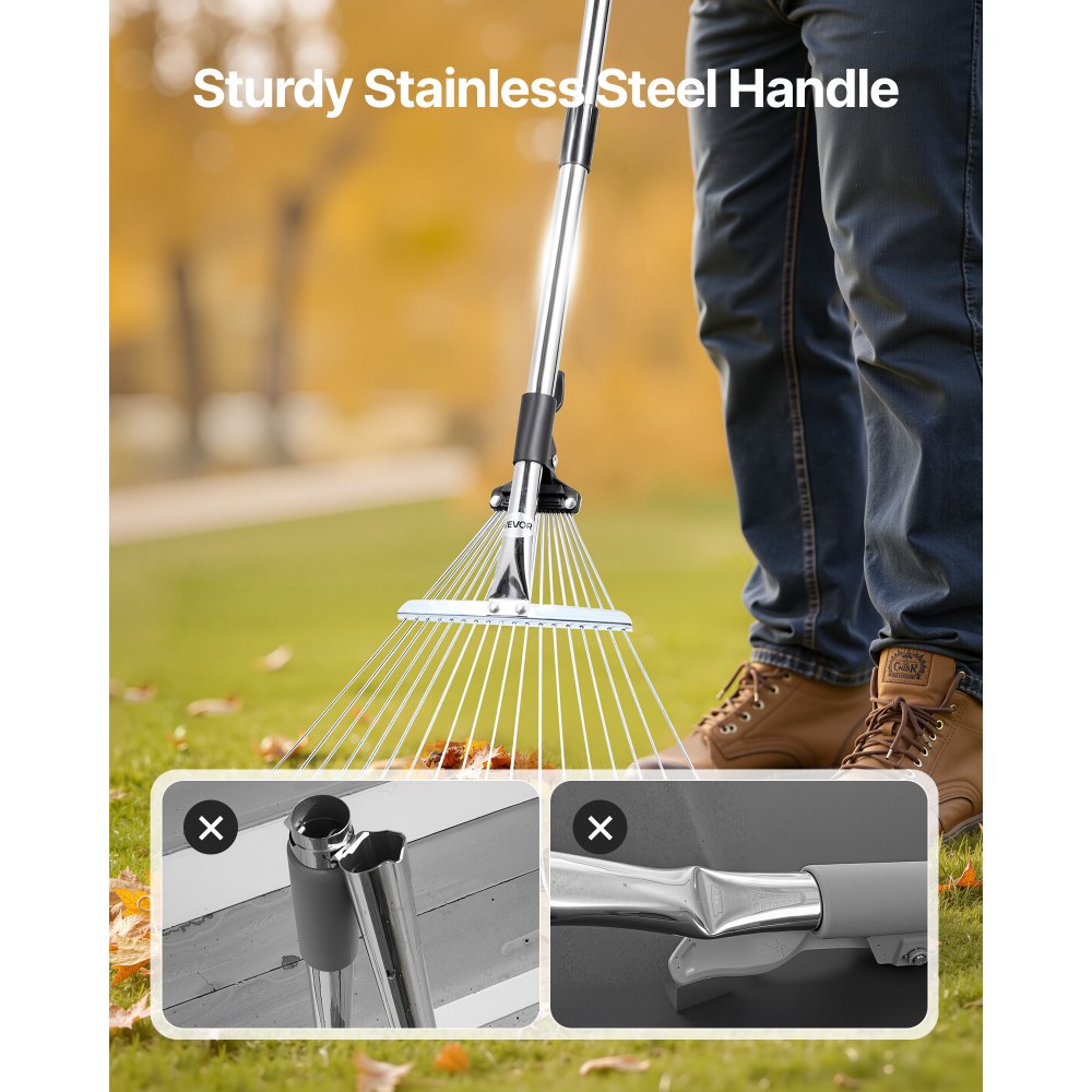Leaf Rake Steel Garden Rake 18-Tine with 82-141 cm Adjustable Long Handle