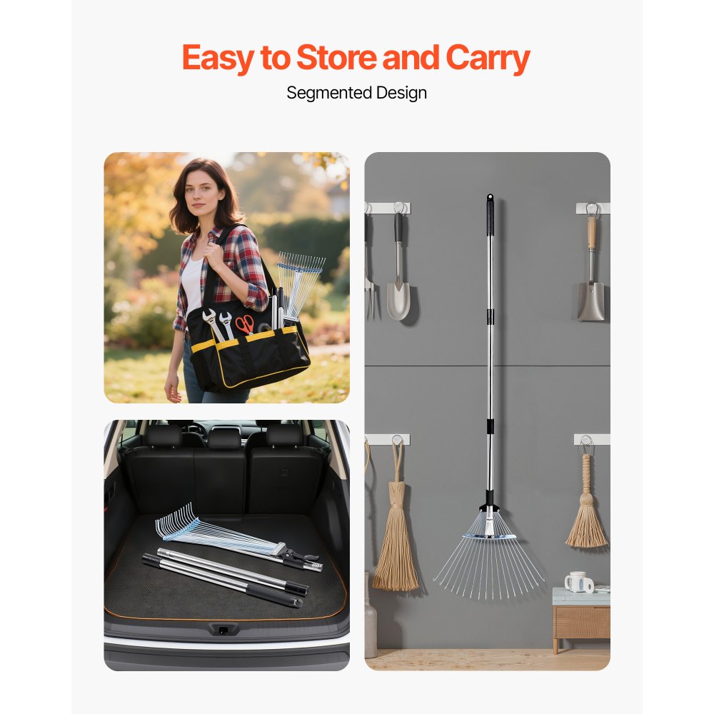 Leaf Rake Steel Garden Rake 18-Tine with 82-141 cm Adjustable Long Handle