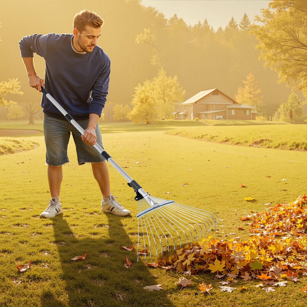 Leaf Rake Steel Garden Rake 18-Tine with 82-141 cm Adjustable Long Handle