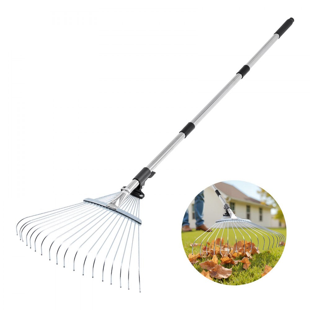 Leaf Rake Steel Garden Rake 18-Tine with 82-141 cm Adjustable Long Handle