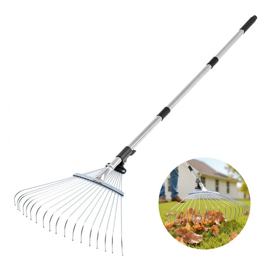 Leaf Rake Steel Garden Rake 18-Tine with 82-141 cm Adjustable Long Handle