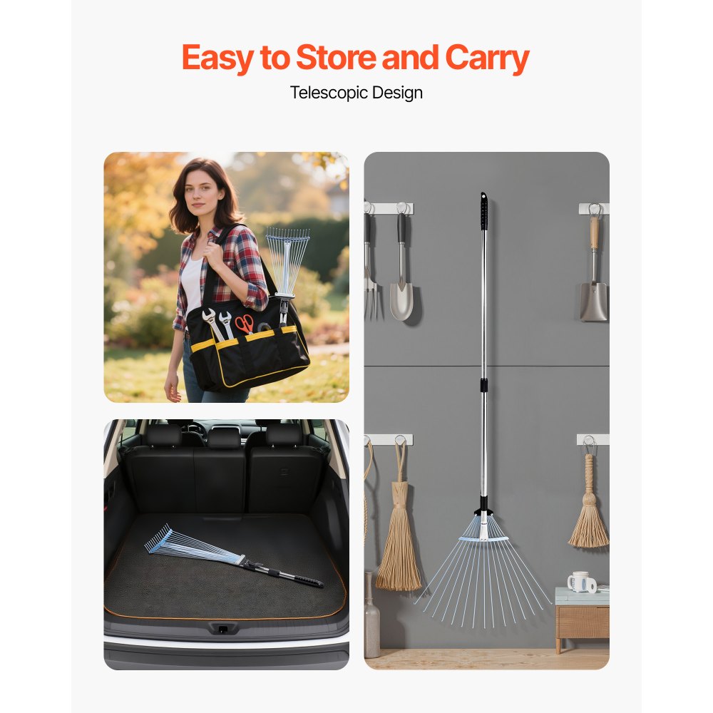 Leaf Rake Steel Garden Rake 15-Tine 81.3-160 cm Adjustable Long Handle