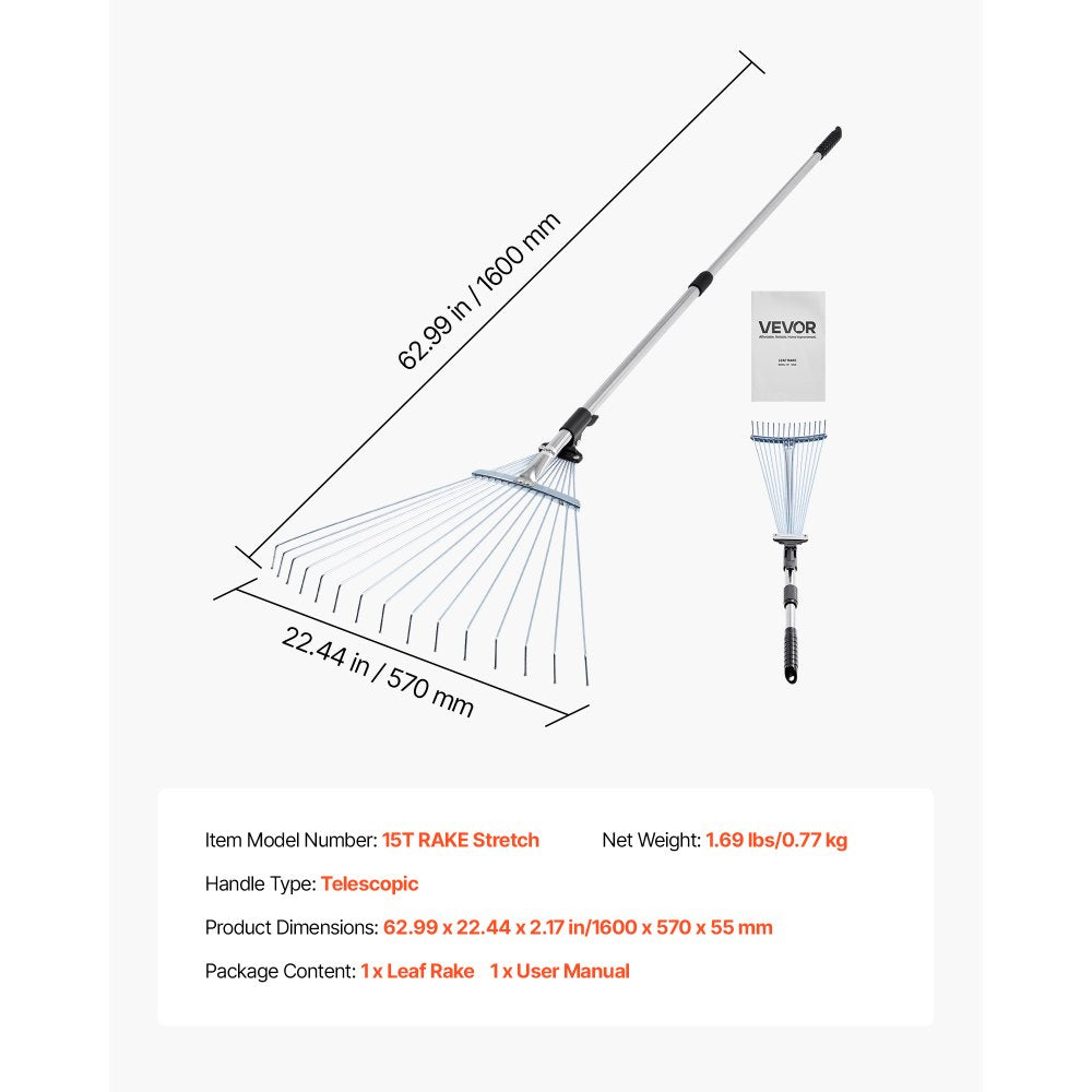 Leaf Rake Steel Garden Rake 15-Tine 81.3-160 cm Adjustable Long Handle