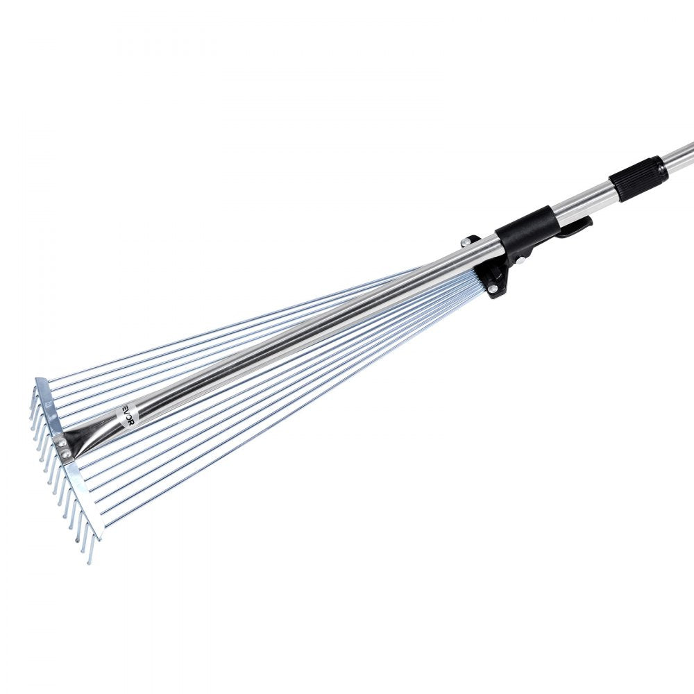 Leaf Rake Steel Garden Rake 15-Tine 81.3-160 cm Adjustable Long Handle