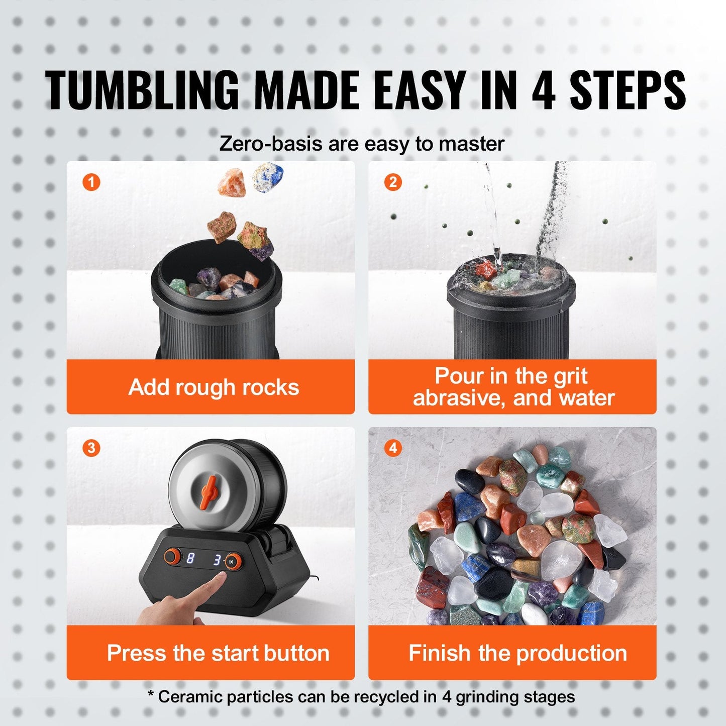 Rock Tumbler Kit with 1.36 kg Capacity & 4 Polishing Grits, Low Noise