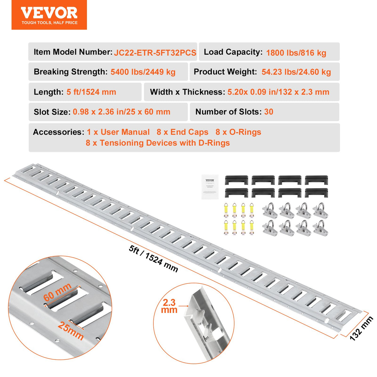 VEVOR E Track Tie-Down Rail Kit, 24PCS 1524 mm E-Tracks Set Includes 8 Steel Rails