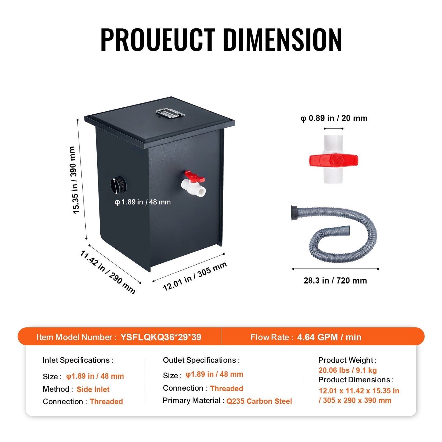Commercial Grease Trap, 9 kg Carbon Steel, 4.6 GPM Oil-Water Separator