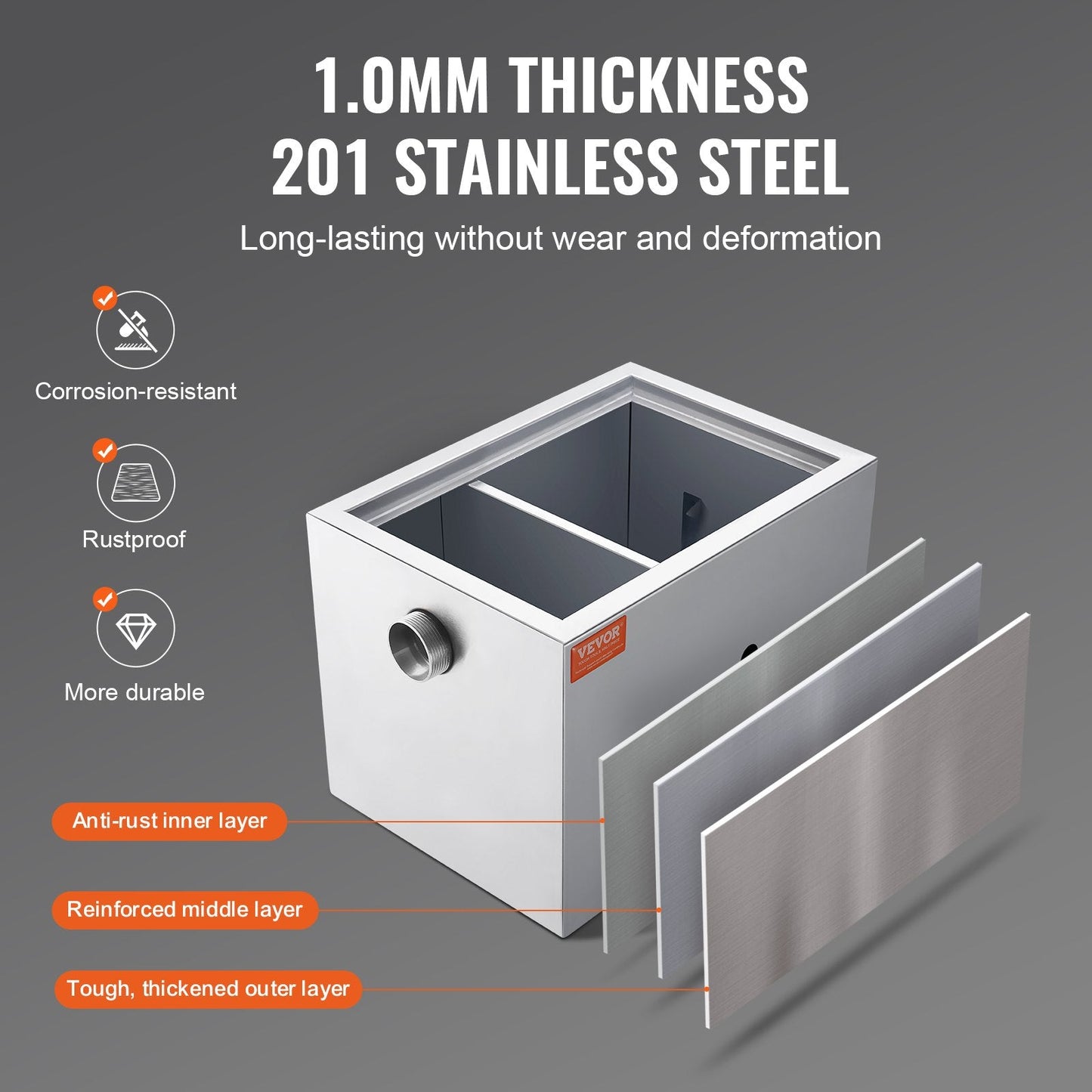 Stainless Steel Grease Trap, 4.4 kg, 2.8 GPM, Side Inlet, for Kitchen Use