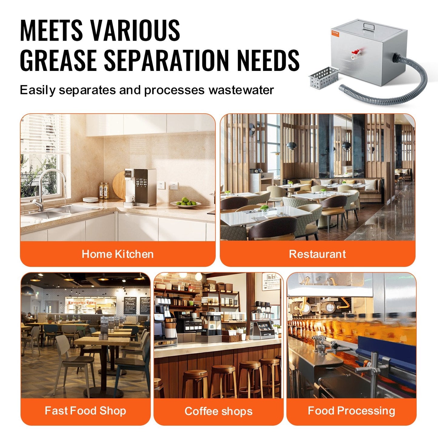 Stainless Steel Grease Trap, 4.4 kg, 2.8 GPM, Side Inlet, for Kitchen Use