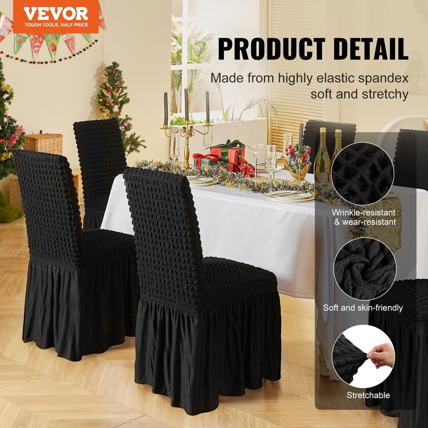 Universal Black Spandex Chair Covers with Skirt, 4-Pack for Events & Dining