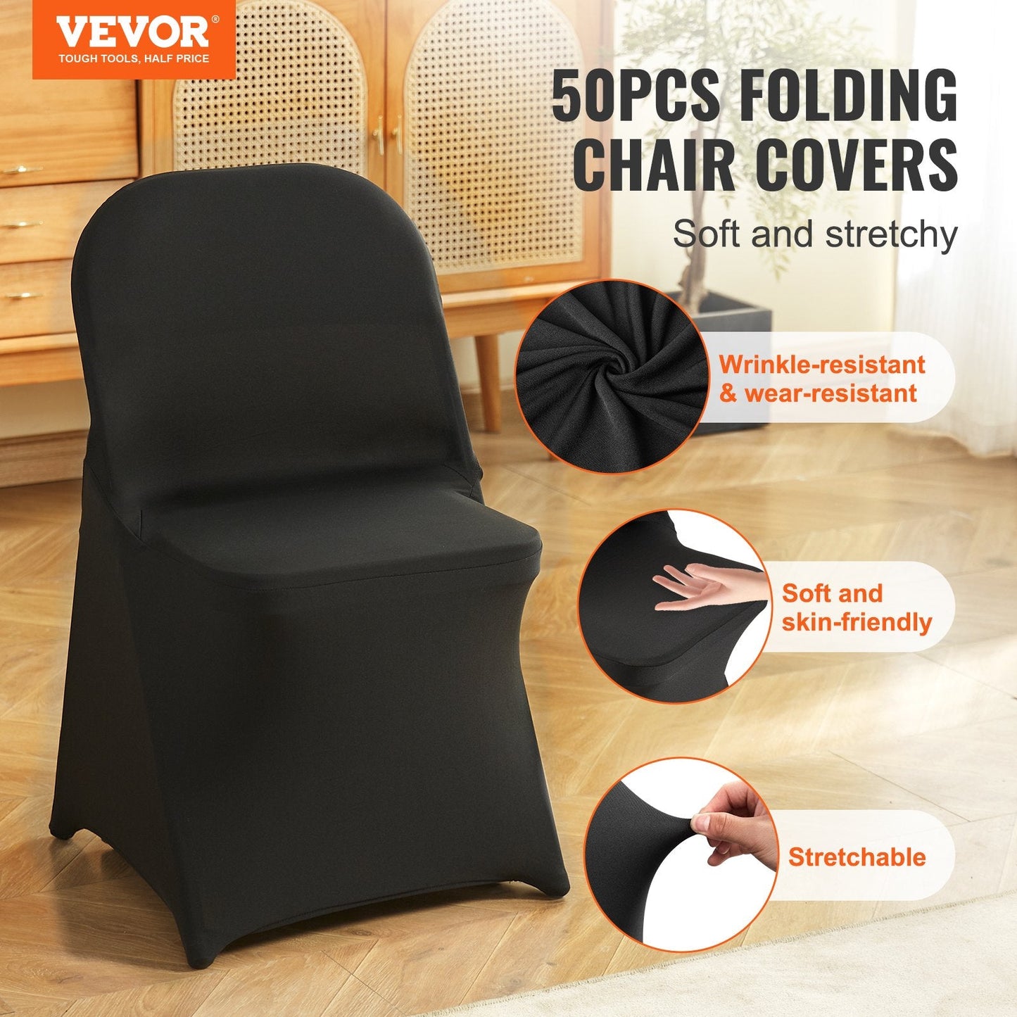 Universal Black Spandex Chair Covers for Events - Pack of 50, Fits 0.4x0.42x0.77m