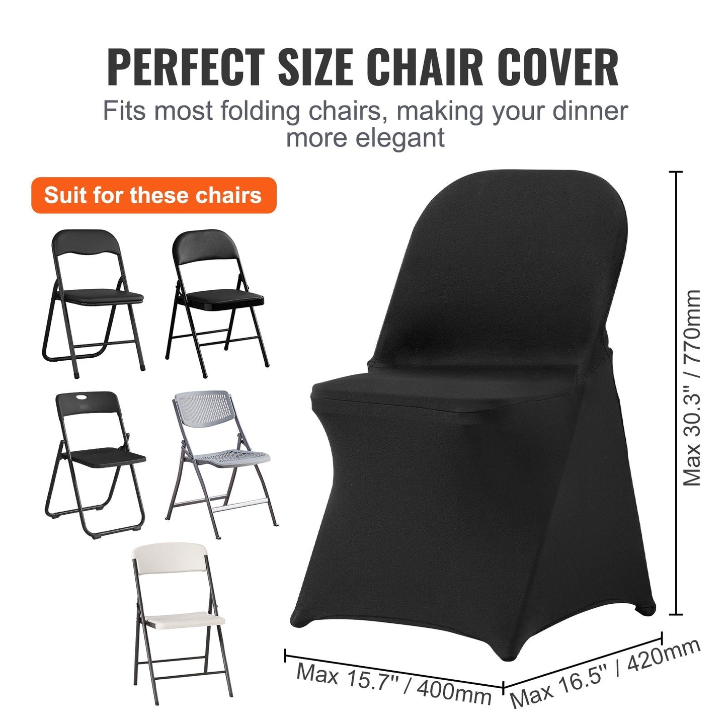 Universal Black Spandex Chair Covers for Events - Pack of 50, Fits 0.4x0.42x0.77m