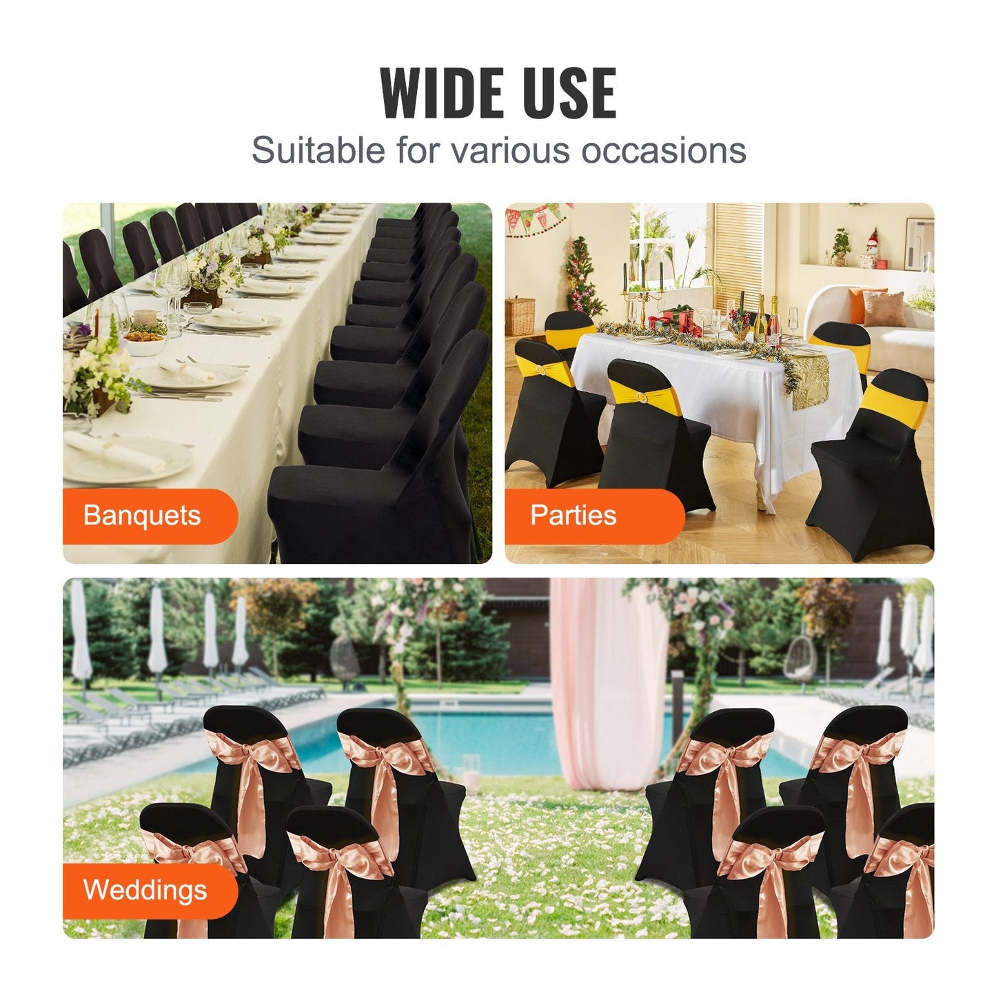 Universal Black Spandex Chair Covers for Events - Pack of 50, Fits 0.4x0.42x0.77m