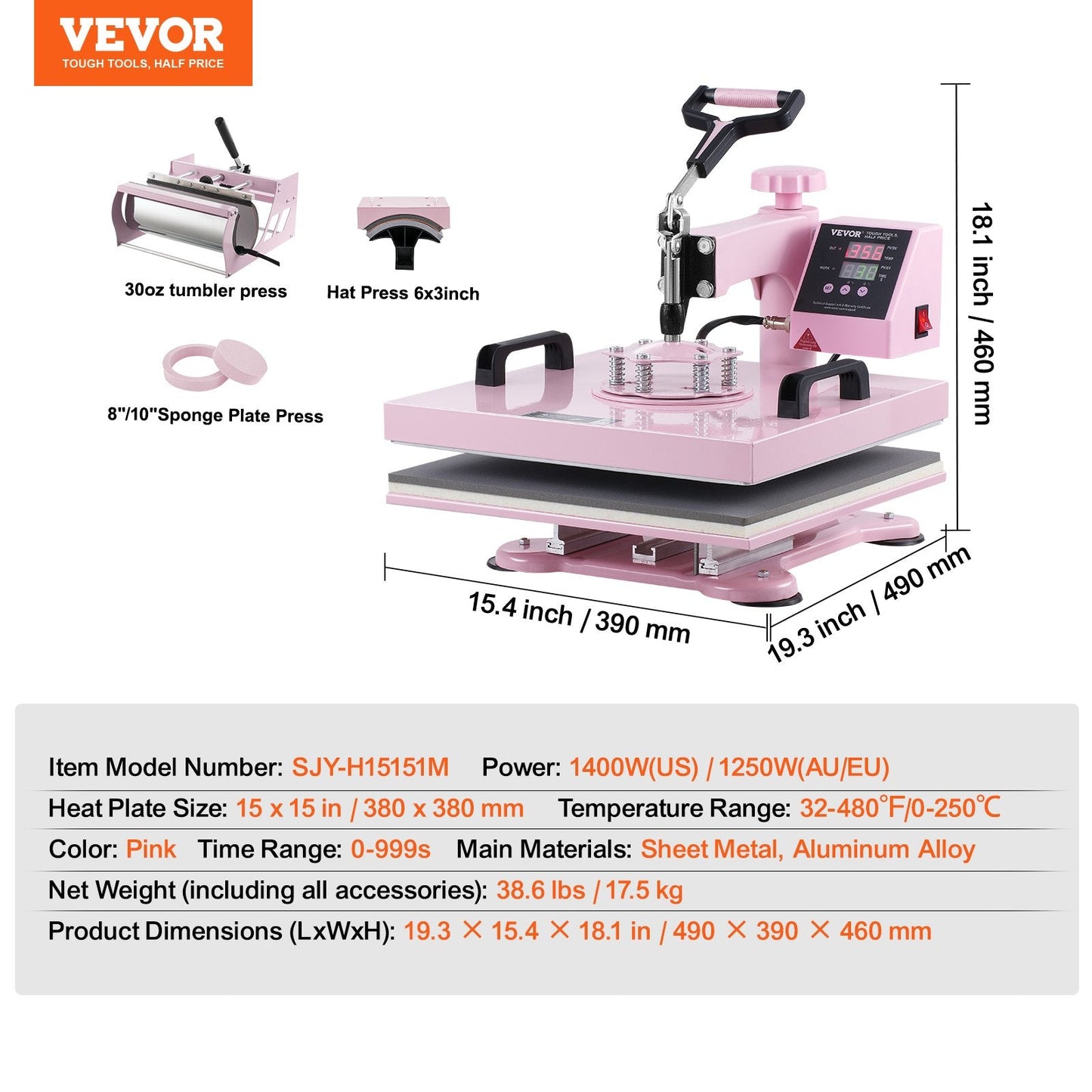 5-in-1 Pink Heat Press Machine with Tumbler Press, 0.38x0.38m Plate