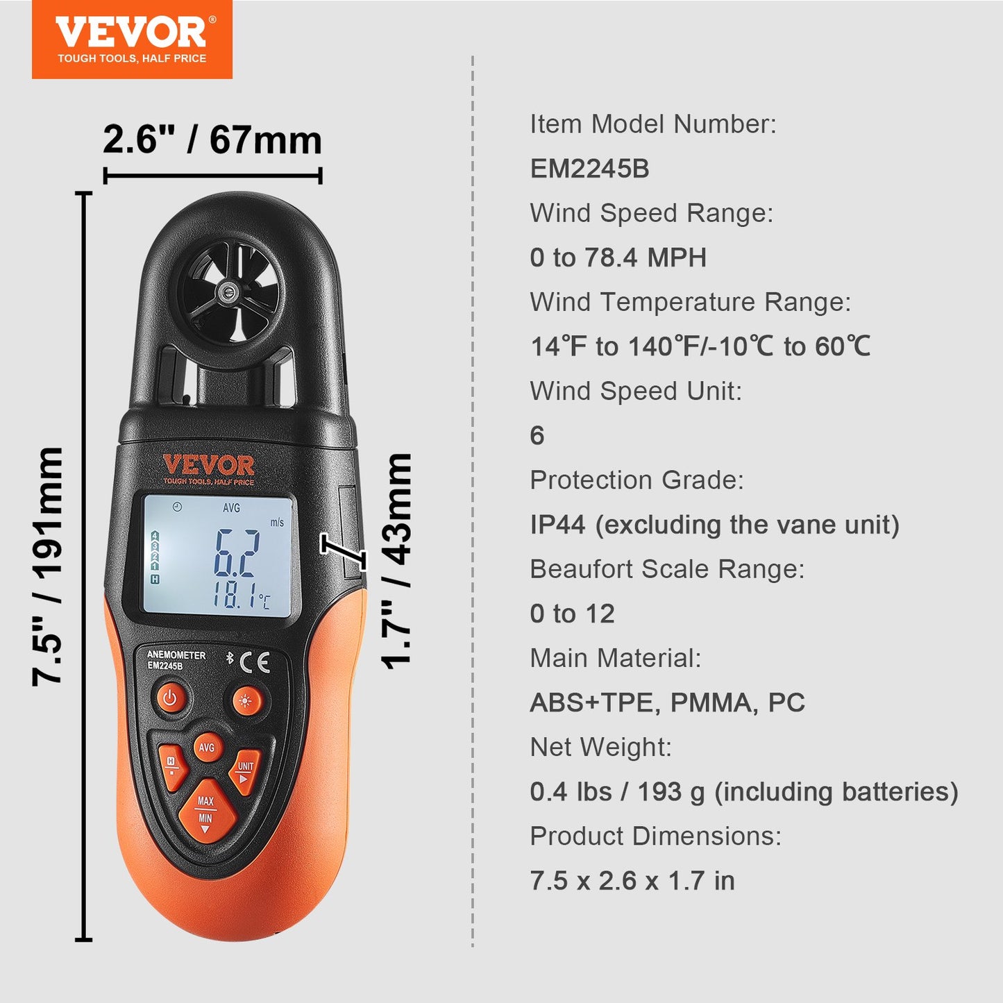 VEVOR Bluetooth Handheld Anemometer, -10℃ to 60℃, Digital Wind Speed Meter Gauge