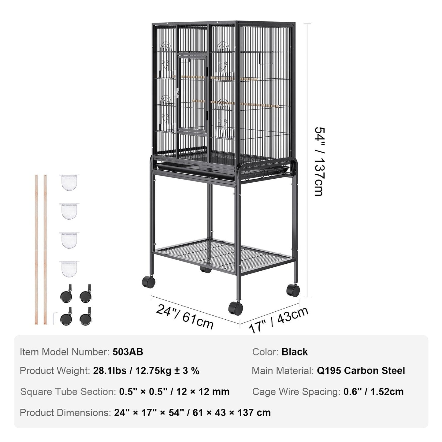 Large Bird Cage with Rolling Stand, Carbon Steel, 1.37m Tall for Parrots