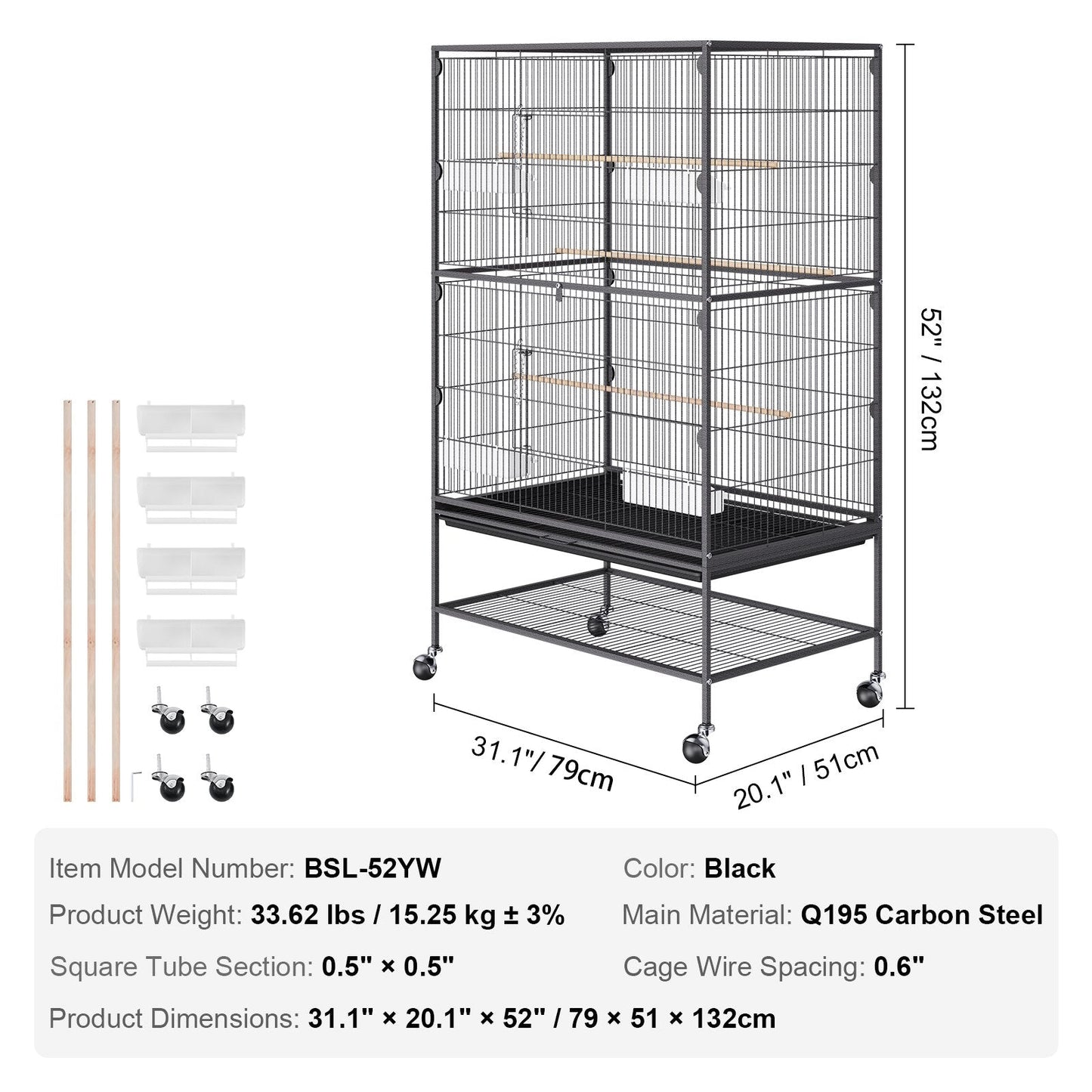 Large Carbon Steel Bird Cage with Stand for Parakeets and Parrots, 1.32m High