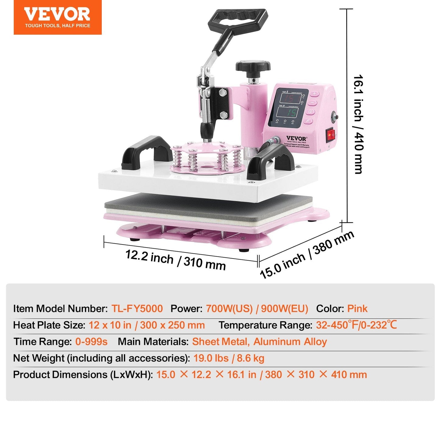 Pink 300 x 250 mm Heat Press Machine for T-Shirts with 360° Swing Arm