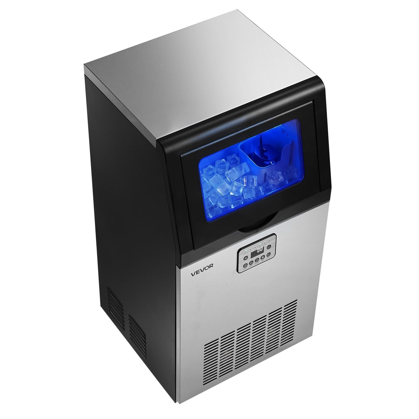 Commercial Ice Maker Machine, 54 kg/24h with 14 kg Storage Capacity, Built-in/Freestanding/Under Counter, Stainless Steel Ice Maker with LED Display & Self-Cleaning, for Home Bar Restaurant