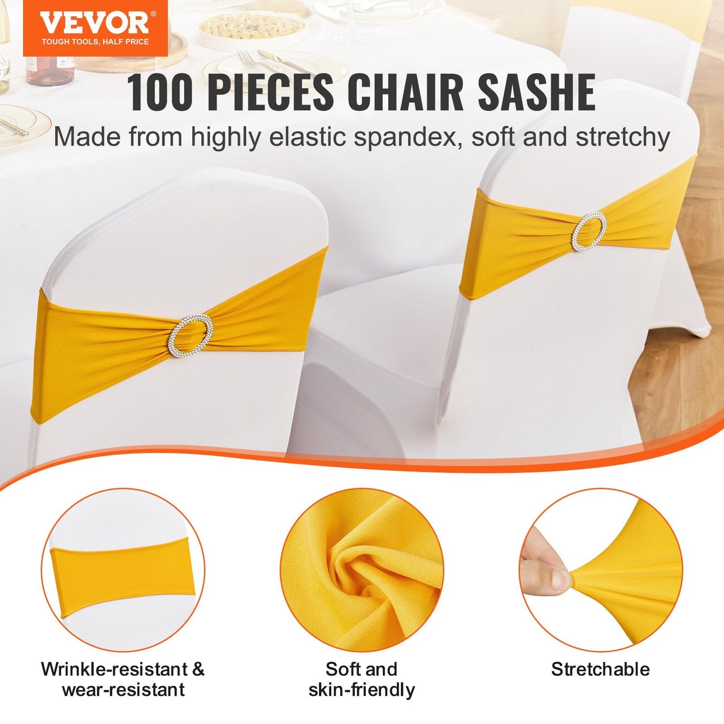 Golden Yellow Spandex Chair Sashes with Buckle - 100 PCS for Events